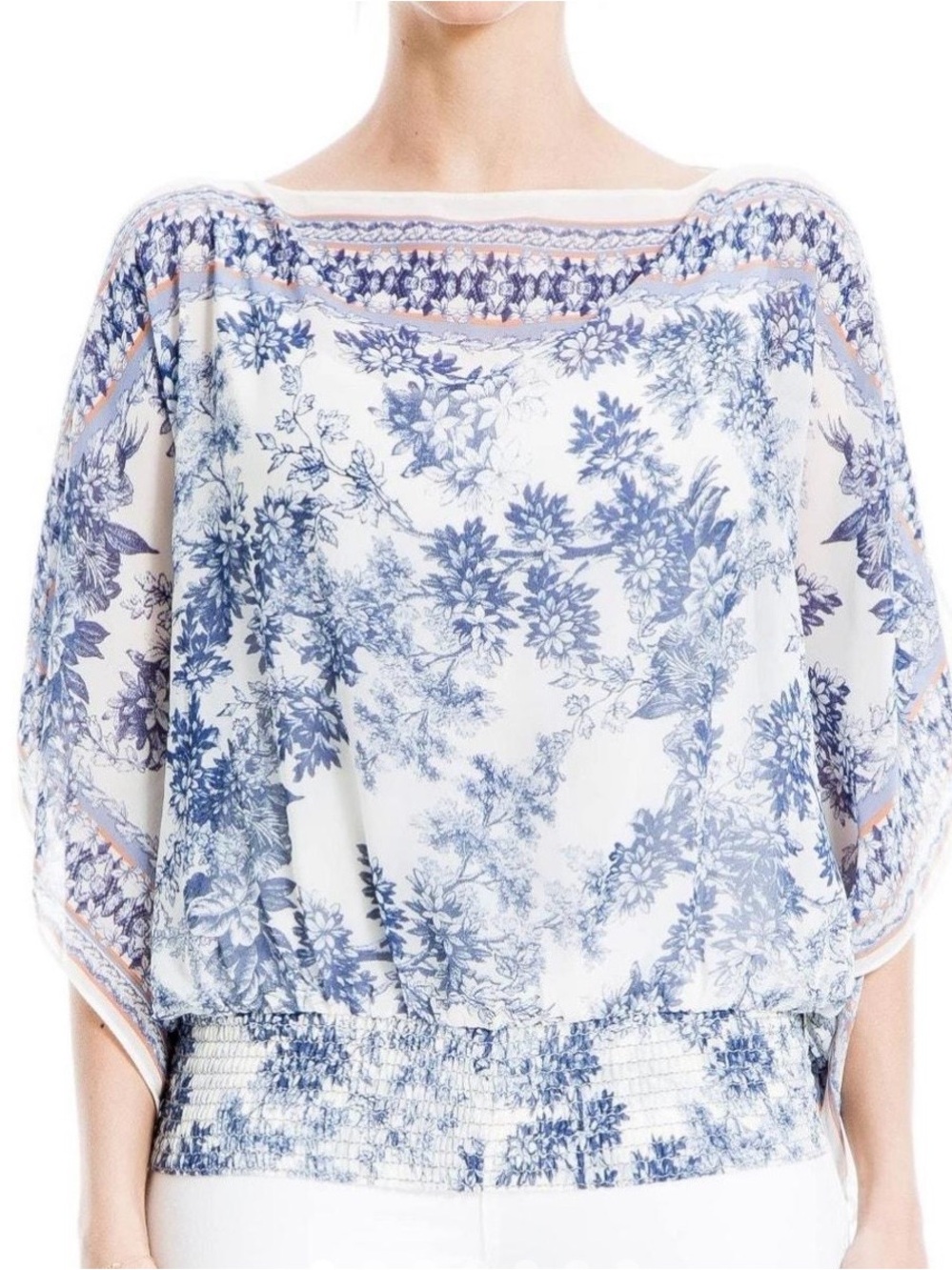 Max Studio Georgette Split Sleeve White and Blue Floral Blouse, Size M
